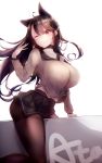  ;) ahoge alternate_costume animal_ears atago_(azur_lane) azur_lane bangs black_choker black_hair black_skirt blush breasts brown_eyes brown_legwear choker collarbone commentary_request geonjeonhannick grey_shirt hair_between_eyes hand_up highres huge_breasts korean_commentary long_hair long_sleeves midriff_peek miniskirt navel one_eye_closed pantyhose sailor_collar school_uniform shirt simple_background skirt smile solo straddling white_background 