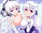  2girls azur_lane blue_eyes breast_press breasts bursting_breasts cygnet_(azur_lane) dress hair_bun hair_ornament hand_on_own_chest hat huge_breasts illustrious_(azur_lane) kamishiro_(rsg10679) long_hair multiple_girls red_eyes silver_hair simple_background smile symmetrical_docking twintails 