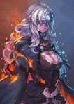  blindfold blonde_hair blue_background breasts cape cleavage cleavage_cutout closed_mouth covered_eyes dark_souls_iii dress fengmo fire fire_keeper gradient gradient_background hands_together jewelry lips long_hair mask necklace red_background solo souls_(from_software) 