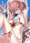  :d adjusting_eyewear animal_on_leg black-framed_eyewear blue_background breasts cleavage eyebrows_visible_through_hair fate/grand_order fate_(series) flower fou_(fate/grand_order) front-tie_bikini front-tie_top glasses hair_flower hair_ornament hair_over_one_eye mash_kyrielight medium_breasts open_mouth pink_hair pink_ribbon purple_eyes red_ribbon ribbon shino_(eefy) short_hair sideboob sitting smile solo towel towel_on_head underboob wet white_bikini_top white_flower white_towel 