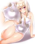  alternate_costume arm_support bare_arms bare_legs bare_shoulders blush breasts casual_one-piece_swimsuit cleavage close-up collarbone commentary_request contemporary covered_navel eyebrows_visible_through_hair fate/stay_night fate_(series) from_above hechi_(hechi322) highres illyasviel_von_einzbern long_hair looking_at_viewer one-piece_swimsuit red_eyes shiny shiny_clothes shiny_skin sitting small_breasts solo swimsuit thighs white_background white_hair white_swimsuit 