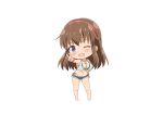  absurdres artist_request bangs bare_shoulders barefoot bikini bikini_under_clothes blue_eyes blush breasts chibi cleavage dead_or_alive dead_or_alive_xtreme full_body hairband hand_on_hip highres hitomi_(doa) jewelry light_brown_hair long_hair looking_at_viewer medium_breasts navel necklace official_art one_eye_closed open_mouth shiny shiny_hair short_shorts shorts simple_background smile solo standing swimsuit v white_background 