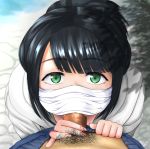  1girl black_hair commentary_request fellatio fellatio_under_mask green_eyes hassu hetero highres looking_at_viewer male_pubic_hair oral penis pov pubic_hair rayraw sidelocks solo_focus ssss.gridman surgical_mask 