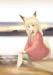  animal_ears barefoot batta_(kanzume_quality) blonde_hair closed_mouth eyebrows_visible_through_hair fox_ears fox_girl fox_tail fox_wife_(batta_(kanzume_quality)) from_side green_eyes haori japanese_clothes legs_together long_hair looking_at_viewer looking_to_the_side onsen original sitting smile soaking_feet solo tail water 