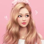  1girl bare_shoulders black_eyes blackpink blonde_hair character_request close-up closed_mouth face flower hair_flower hair_ornament hairband heart jewelry lips long_hair looking_to_the_side necklace pink_background simple_background solo umigraphics 