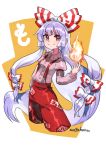  &gt;:) arm_strap artist_name bow cropped_legs fire fujiwara_no_mokou hair_bow long_hair long_sleeves looking_at_viewer mogamiya_honu ofuda_on_clothes pants red_eyes shirt solo suspenders touhou two-tone_background very_long_hair white_background white_shirt yellow_background 