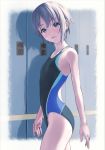  arms_at_sides bangs blush commentary_request competition_swimsuit cowboy_shot eyebrows_visible_through_hair flat_chest from_side green_hair grey_eyes highleg highleg_swimsuit highres idolmaster idolmaster_cinderella_girls locker locker_room nekopuchi one-piece_swimsuit otokura_yuuki outside_border parted_lips shadow short_hair solo standing swimsuit tareme 
