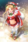  absurdres bandeau bangs belt blonde_hair blush boots breasts cape christmas cleavage commentary_request earrings elbow_gloves ereshkigal_(fate/grand_order) fate/grand_order fate_(series) fingerless_gloves gloves green_ribbon hat highres hips hoop_earrings huge_filesize infinity jewelry legs long_hair looking_at_viewer medium_breasts navel open_mouth over_shoulder parted_bangs red_cape red_eyes red_footwear red_gloves red_shorts ribbon sack samoore santa_hat shorts solo thighhighs tiara two_side_up white_legwear 