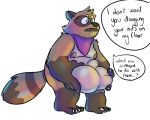  2018 anthro balls belly big_balls canine english_text flaccid huge_balls humanoid_hands hyper hyper_balls male mammal moobs nipples overweight overweight_male penis simple_background sitting solo tanuki text toynuke uncut white_background 