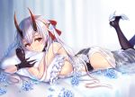  ass blush cosplay dress fate/grand_order fate_(series) flowers gloves horns long_hair panties red_eyes rose see_through tagme_(artist) thighhighs tomoe_gozen underwear water white_hair 