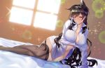  animal_ear_fluff animal_ears arm_support atago_(azur_lane) azur_lane bangs black_hair black_legwear blush breasts brown_eyes cleavage collarbone collared_shirt commentary_request extra_ears eyebrows_visible_through_hair hair_ribbon indoors kagiyama_(gen'ei_no_hasha) large_breasts light_particles long_hair long_sleeves looking_at_viewer lying mole mole_under_eye mouth_hold naked_shirt on_bed on_side open_clothes open_shirt ribbon ribbon_in_mouth shirt sidelocks smile solo sparkle sunlight swept_bangs thighhighs white_ribbon white_shirt window 