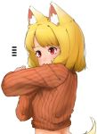 animal_ear_fluff animal_ears bangs biting biting_clothes blonde_hair cc_c0c0 commentary_request cookie_(touhou) fox_ears fox_tail long_sleeves miramikaru_riran red_eyes ribbed_sweater short_hair solo sweater tail touhou white_background 
