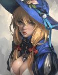  bangs blonde_hair blue_eyes blue_hat blue_jacket blue_ribbon blush breasts cleavage_cutout closed_mouth commentary dress english_commentary flower freckles g-tz hair_between_eyes hair_ribbon hat hat_flower hat_ribbon highres jacket jewelry large_breasts long_hair looking_at_viewer medium_breasts necklace original puffy_sleeves red_lips red_ribbon ribbon sidelocks solo tress_ribbon upper_body white_dress 
