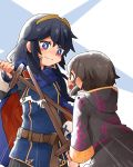  black_hair blue_eyes blue_hair cape closed_mouth commentary_request fire_emblem fire_emblem:_kakusei from_behind holding holding_sword holding_weapon hood hood_down long_hair long_sleeves lucina mark_(female)_(fire_emblem) mark_(fire_emblem) multiple_girls open_mouth robe shunrai simple_background smile sword tiara weapon wooden_sword 