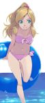  akinbo_(hyouka_fuyou) arms_behind_back bikini blonde_hair breasts cleavage collarbone front-tie_bikini front-tie_top green_eyes hair_bobbles hair_ornament high_ponytail highres innertube leg_up long_hair looking_to_the_side medium_breasts minamino_kanade musical_note musical_note_print navel ocean parted_lips pink_bikini precure shiny shiny_hair side-tie_bikini smile solo standing standing_on_one_leg striped striped_bikini suite_precure swimsuit very_long_hair white_background 