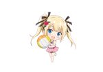  absurdres artist_request ball bangs bare_shoulders barefoot beachball bikini bikini_skirt blonde_hair blue_eyes blush bow chibi dead_or_alive dead_or_alive_xtreme eyebrows_visible_through_hair flower full_body hair_bow hair_flower hair_ornament highres holding leg_up looking_at_viewer marie_rose official_art shiny shiny_hair simple_background smile solo swimsuit twintails white_background x_hair_ornament 