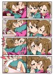  4koma absurdres blush brown_eyes brown_hair closed_eyes comic ear_blush eating food french_kiss futami_ami futami_mami hair_bobbles hair_ornament heart highres hood hoodie idolmaster idolmaster_(classic) incest kiss kneehighs miiii multiple_4koma multiple_girls open_mouth pudding saliva short_hair siblings side_ponytail silent_comic sisters smile speech_bubble spoken_heart spoon sweat tongue twincest twins white_legwear yuri 