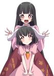  :d bangs behind_another black_hair blouse blunt_bangs blush carrot_necklace commentary_request cowboy_shot dress ear_lift hands_on_lap head_tilt highres hime_cut holding_ears houraisan_kaguya inaba_tewi long_hair long_sleeves looking_at_viewer looking_up multiple_girls open_mouth pink_blouse pink_dress puffy_short_sleeves puffy_sleeves red_eyes red_skirt short_hair short_sleeves simple_background sitting skirt smile standing touhou tsukimirin very_long_hair white_background white_pupils 