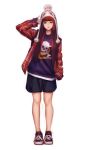  absurdres bangs beanie beanie_ear_flaps blue_eyes blue_shorts blunt_bangs full_body hand_up hat highres jacket jungon_kim light_smile long_hair long_sleeves open_clothes open_jacket original purple_shirt red_hair red_jacket shirt shoes shorts simple_background sleeves_past_wrists solo standing white_background 