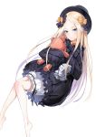  abigail_williams_(fate/grand_order) barefoot black_bow black_dress black_hat black_ribbon blonde_hair blue_eyes blush bow dress fate/grand_order fate_(series) floating_hair hair_bow hat holding holding_stuffed_animal long_hair looking_at_viewer orange_bow parted_lips polka_dot polka_dot_bow ribbon ribbon-trimmed_shorts ribbon_trim short_shorts shorts simple_background sleeves_past_wrists solo stuffed_animal stuffed_toy teddy_bear very_long_hair white_background white_shorts yumaomi 