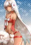  altera_(fate) altera_the_santa bangs bare_shoulders breasts choker collarbone dark_skin detached_sleeves earmuffs eyebrows_visible_through_hair fate/grand_order fate_(series) full_body_tattoo gloves hips kettle21 looking_at_viewer midriff mittens navel open_mouth red_eyes revealing_clothes riding sheep short_hair small_breasts solo tattoo white_gloves white_hair 