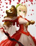  aestus_estus ahoge armor armored_dress bangosu bangs blonde_hair blurry breasts cleavage cleavage_cutout cowboy_shot depth_of_field dress eyebrows_visible_through_hair fate/extra fate_(series) fingerless_gloves gauntlets gloves gold_armor green_eyes hair_intakes holding holding_sword holding_weapon long_sleeves looking_at_viewer medium_breasts nero_claudius_(fate) nero_claudius_(fate)_(all) outstretched_arm pauldrons petals red_dress short_hair solo standing sword v-shaped_eyebrows weapon wreath 