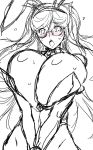  1girl animal_ears aoi_nagisa_(metalder) bare_shoulders blush breast_press breasts bunny_ears bunny_girl bunnysuit curvy embarrassed fake_animal_ears female glasses huge_breasts kosaka_shizuru leotard lilith-soft long_hair looking_at_viewer moaning monochrome no_bra open_mouth shiny simple_background sketch solo sweat taimanin_(series) taimanin_asagi taimanin_rpgx taimanin_yukikaze twintails white_background 