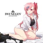  bangs bare_legs blurry blurry_foreground blush bow braid breasts character_name collarbone collared_shirt commentary depth_of_field eyebrows_visible_through_hair girls_frontline gun hair_between_eyes hair_bow hair_ornament hair_ribbon hairclip hexagram highres imi_negev israel long_hair looking_at_viewer machine_gun medium_breasts nail_polish narynn negev_(girls_frontline) one_side_up open_mouth pink_hair pink_nails reclining red_bow red_eyes red_ribbon ribbon shirt simple_background sleeves_folded_up smile solo star_of_david tank_top tsurime twitter_username weapon white_background white_shirt 