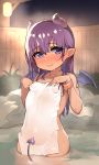  atte7kusa blue_eyes blush bracelet brave_sword_x_blaze_soul breasts commentary dark_skin demon_girl demon_tail demon_wings highres horns jewelry long_hair onsen small_breasts smile solo symbol_commentary tail towel wet_towel wings 