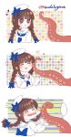  ... /\/\/\ 1boy 1girl 3koma :d absurdres afterimage artist_name beret blue_bow blush bow braid brown_hair cheek_pull closed_eyes comic commentary_request flying_sweatdrops fukami_(wadanohara) hair_bow hat heart highres long_hair long_sleeves looking_at_another low_twintails motion_lines neckerchief oounabara_to_wadanohara open_mouth pointy_ears sailor_collar shirt smile spoken_ellipsis suction_cups sudakoyarou sweat tears tentacles turtleneck twin_braids twintails twitter_username wadanohara wavy_mouth white_hat white_shirt 