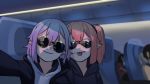  :p aircraft airplane airplane_interior alternate_costume black_hoodie blonde_hair chair commentary english_commentary flandre_scarlet hair_between_eyes hood hoodie lavender_hair long_sleeves multiple_girls pointy_ears reaching_out remilia_scarlet round_eyewear self_shot short_hair siblings side_ponytail sisters smile sunglasses tongue tongue_out touhou white_hoodie yoruny 