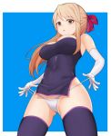  :o absurdres ass_visible_through_thighs bare_shoulders black_dress blonde_hair bow breasts brown_eyes cameltoe china_dress chinese_clothes covered_navel dress elbow_gloves eyebrows_visible_through_hair gloves hair_bow highres hikaru_ga_chikyuu_ni_itakoro hpb8642 large_breasts long_hair looking_at_viewer microdress panties panty_pull red_bow shikibu_honoka skindentation skirt solo thighhighs underwear white_gloves white_panties 