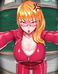  absurdres anger_vein angry blonde_hair breasts chalkboard cleavage commentary_request highres large_breasts long_hair looking_at_viewer open_mouth original red-framed_eyewear red_eyes solo standing wolffeld zipper 