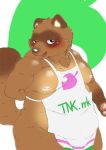  2018 animal_crossing anthro apron belly blush brown_fur canine clothing english_text fur humanoid_hands male mammal moobs nameko_no_neko nintendo nipples overweight overweight_male solo tanuki text tom_nook_(animal_crossing) video_games 