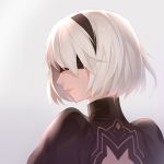  black_dress blindfold commentary_request covered_eyes dress grey_background hairband mole mole_under_mouth nier_(series) nier_automata portrait profile short_hair simple_background smile solo tamaxi turtleneck white_hair yorha_no._2_type_b 