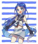  :d absurdly_long_hair artist_name blue_background blue_eyes blue_hair cropped_legs elbow_gloves gloves kantai_collection long_hair looking_at_viewer mogamiya_honu navel open_mouth sailor_collar samidare_(kantai_collection) smile solo stomach striped striped_background two-tone_background very_long_hair white_background 