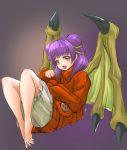  alternate_costume barefoot commentary deekei dragon_wings fire_emblem fire_emblem:_seima_no_kouseki full_body highres long_sleeves mamkute multi-tied_hair myrrh open_mouth purple_hair red_eyes red_sweater simple_background solo sweater twintails wings 