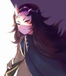  absurdres artist_name black_hair closed_mouth commentary facial_mark fire_emblem fire_emblem_if forehead_mark from_side highres lazymimium long_hair looking_to_the_side messy_hair nyx_(fire_emblem_if) red_eyes solo tiara veil 