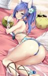  ahoge animal_ear_fluff animal_ears arm_strap artist_name ass azur_lane back bangs bare_arms bare_shoulders beach bikini bird blue_bikini_bottom blue_eyes blue_hair blush bracelet breasts cameltoe chick closed_mouth coconut collarbone commentary_request day drinking_straw drooling eyebrows_visible_through_hair flower frills hair_flower hair_ornament hair_ribbon halterneck hand_up highres hips jewelry jintsuu_(azur_lane) kaetzchen large_breasts leg_strap legs light_particles long_hair looking_at_viewer looking_back lying mat o-ring on_side on_stomach outdoors ponytail red_ribbon ribbon sarong sleeping smile solo sunglasses swept_bangs swimsuit tail thighs towel wet white_bikini_top wolf_ears wolf_tail 