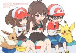  2girls ayumi_(pokemon) baseball_cap black_eyes black_hair blue_(pokemon) blue_shorts brown_eyes brown_hair commentary copyright_name dated eevee gen_1_pokemon hat holding holding_poke_ball jacket joy-con kakeru_(pokemon) kokoroko long_hair multiple_girls open_mouth pikachu playing_games poke_ball pokemon pokemon_(creature) pokemon_(game) pokemon_lgpe ponytail short_hair short_sleeves shorts simple_background sitting skirt twitter_username white_background wristband 