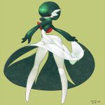  1girl artist_nam breasts closed_mouth creatures_(company) dated female floral_print full_body game_freak gardevoir gen_3_pokemon green_background green_hair green_skin hair_over_one_eye half-closed_eyes happy kaz_an legs_apart looking_at_viewer navel nintendo outstretched_arms pokemon pokemon_(creature) red_eyes shiny shiny_hair shiny_skin short_hair signature simple_background small_breasts smile solo standing two-tone_skin white_skin 