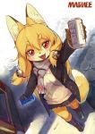  2018 absurd_res anthro bell blonde_hair breath can canine clothed clothing cute_fangs female footwear fox fur furugitsune hair hair_ornament hi_res high-angle_view inner_ear_fluff jacket jingle_bell kemono legwear long_hair looking_at_viewer magiace mammal open_mouth outside raised_arm red_eyes scarf shoes skirt smile socks solo standing yellow_fur 