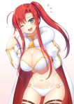  :d ass_visible_through_thighs bangs blue_eyes blush boudica_(fate/grand_order) bra breasts cape cleavage cowboy_shot fate/grand_order fate_(series) large_breasts long_hair looking_at_viewer nakamura_hinato o-ring one_eye_closed open_mouth panties parted_bangs ponytail red_hair sidelocks simple_background smile solo thighhighs underwear white_background white_bra white_panties 