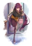  bag bending_forward black_shirt black_skirt breasts chest_of_drawers collarbone commentary_request fate/grand_order fate_(series) hair_intakes handbag high_heels highres jewelry key keychain kinoko_(shikimylove) large_breasts long_hair looking_at_viewer necklace office_lady open_door pantyhose purple_hair red_eyes removing_shoes scathach_(fate)_(all) scathach_(fate/grand_order) shirt skirt smile tile_floor tiles very_long_hair 