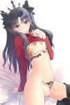  absurdres arm_support black_hair blush bra breasts cleavage closed_mouth covered_nipples cowboy_shot crown earrings eyebrows_visible_through_hair fate/grand_order fate_(series) gem hair_ribbon hair_tie head_tilt highres hoop_earrings ishtar_(fate/grand_order) jewelry long_hair looking_at_viewer medium_breasts midriff navel nipples panties red_eyes ribbon see-through see-through_silhouette shiny shiny_skin shirt_lift skirt skirt_around_one_leg small_breasts solo tanaka_takayuki turtleneck two_side_up underwear undressing 