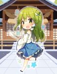  1girl :o bangs bare_shoulders black_footwear blue_skirt blush breasts building chibi commentary_request detached_sleeves eyebrows_visible_through_hair frog_hair_ornament green_eyes green_hair hair_ornament hair_tubes holding kneehighs kochiya_sanae leg_up long_hair looking_at_viewer medium_breasts open_mouth petticoat shinoba shirt shoes single_sidelock skirt snake_hair_ornament solo star touhou white_legwear white_shirt 