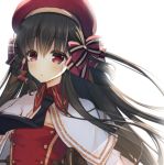  azur_lane bangs beret black_hair blush bow braid breasts capelet cariboy commentary_request eyebrows_visible_through_hair hair_between_eyes hair_bow hair_tubes hat long_hair looking_at_viewer parted_lips red_bow red_eyes red_hat red_shirt rurutie_(utawareru_mono) shirt side_braid simple_background single_braid small_breasts solo striped striped_bow upper_body utawareru_mono very_long_hair white_background white_capelet 