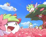  2018 cloud flower group legendary_pok&eacute;mon nettsuu nintendo open_mouth outside plant pok&eacute;mon pok&eacute;mon_(species) shaymin shaymin_(land_form) shaymin_(sky_form) sky tree video_games 