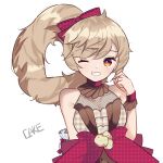  artist_name bangs bare_shoulders blush bow breasts cake_(isiofb) commentary_request dress eyebrows_visible_through_hair grin hair_between_eyes hair_bow hand_up highres light_brown_hair long_hair looking_at_viewer one_eye_closed original plaid playing_with_own_hair red_bow red_eyes signature simple_background small_breasts smile solo unmoving_pattern upper_body very_long_hair white_background wrist_cuffs 
