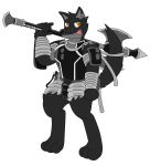  2018 alpha_channel anthro armor axe belt black_hair blade bulge canine clothing digital_media_(artwork) digitigrade ear_piercing english_text fur gun hair male mammal melee_weapon muscular muscular_male notkastar piercing polearm ranged_weapon scarf shiny smile spear text tongue tongue_out trials_in_tainted_space two_tone weapon wolf wrapping 
